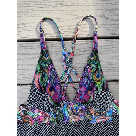 Agua Bendita Dress Maxi Tiered Ruffle Check Multicolor Plumaje Strappy Back L - Picture 5 of 8